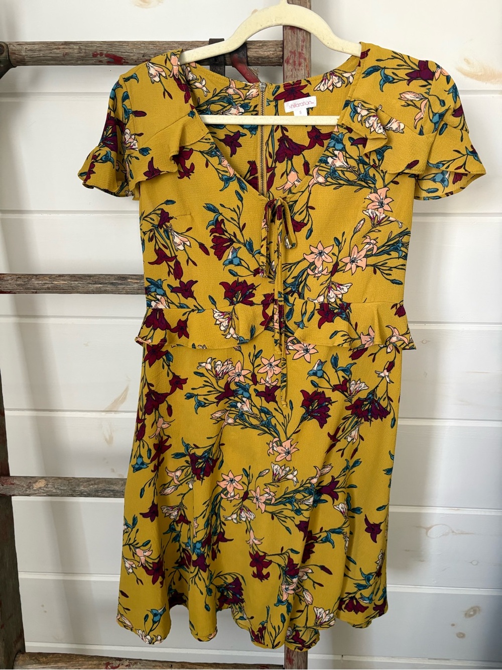 Xhilaration Mustard Floral Tie-Neck Fit-&-Flare Dress